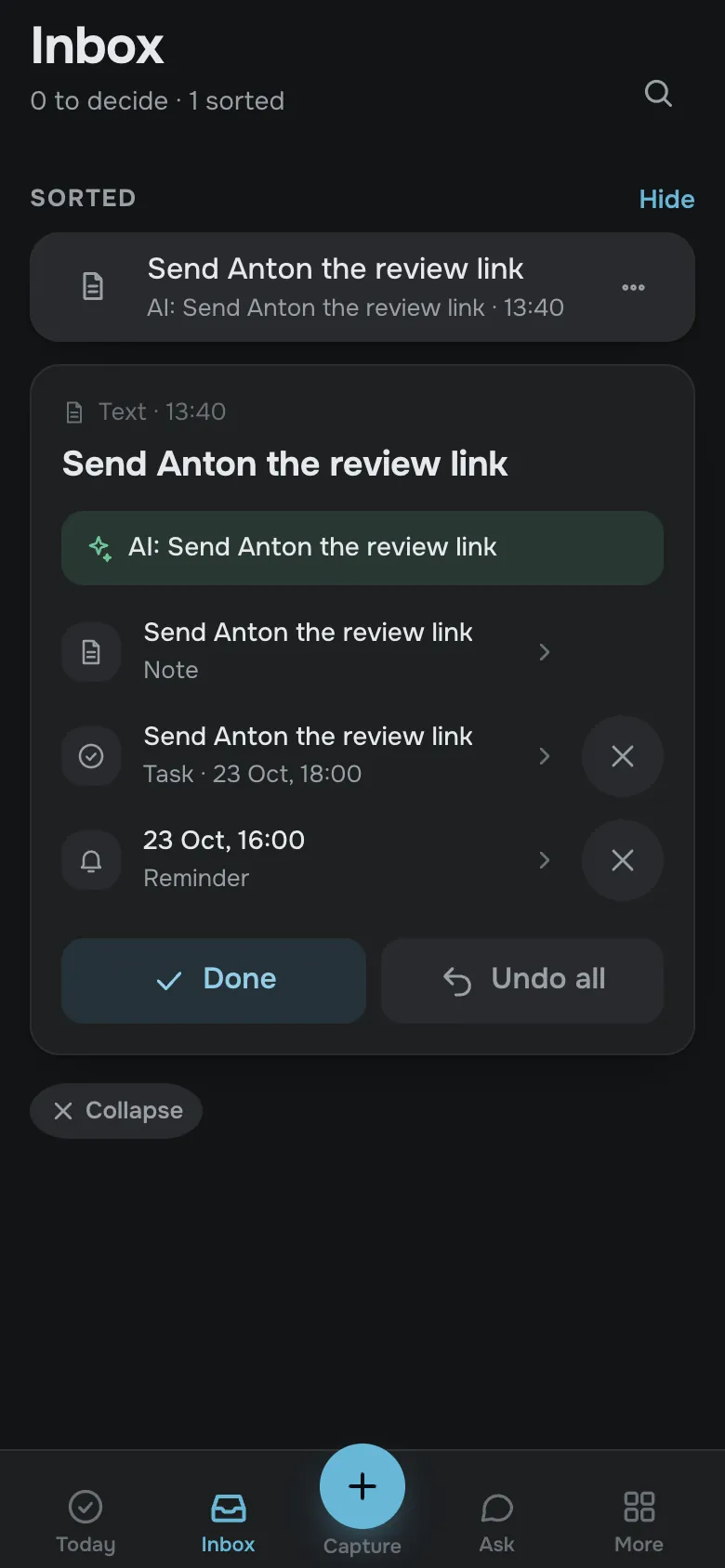 AI receipt: what was created, undo anytime