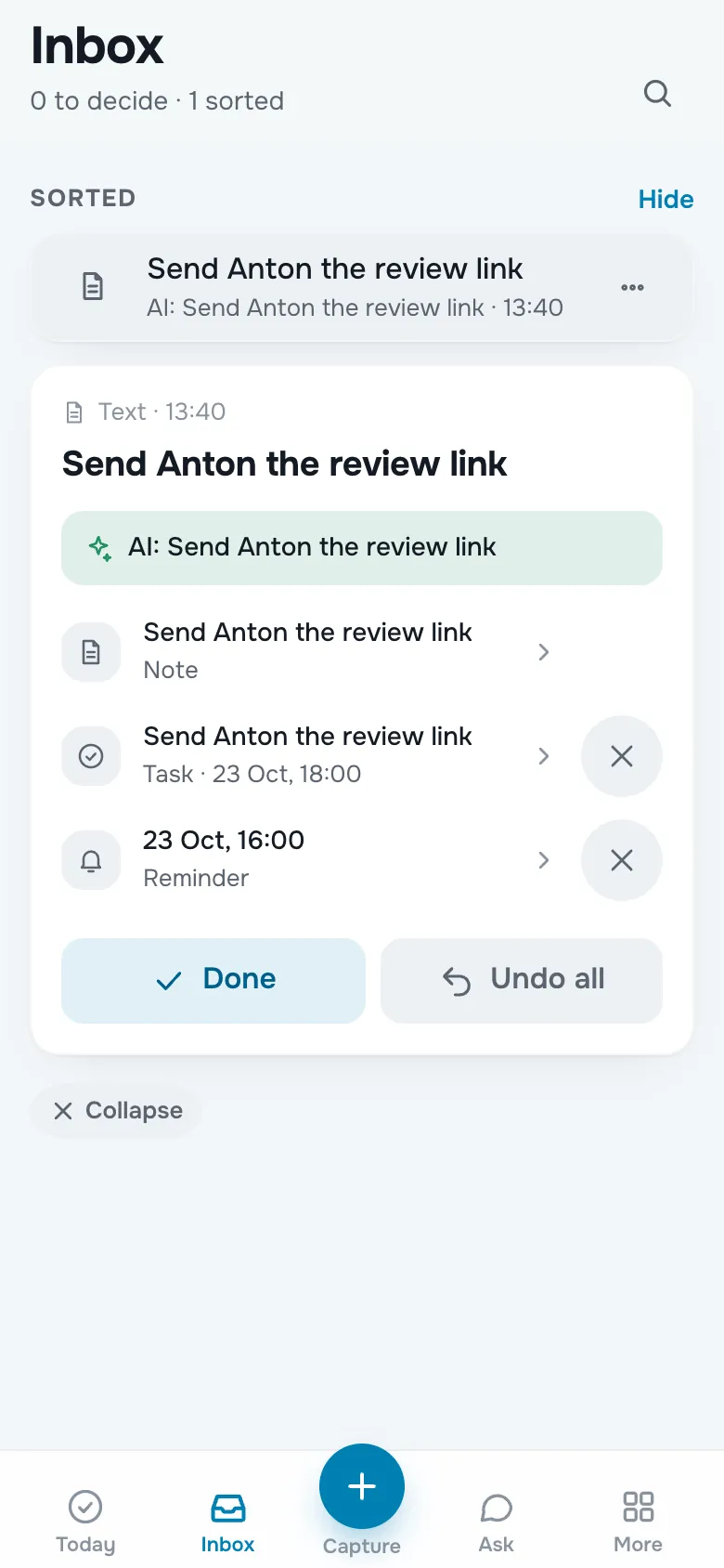 AI receipt: what was created, undo anytime