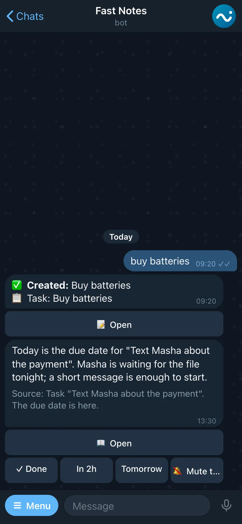 A reminder in Telegram, with the reason