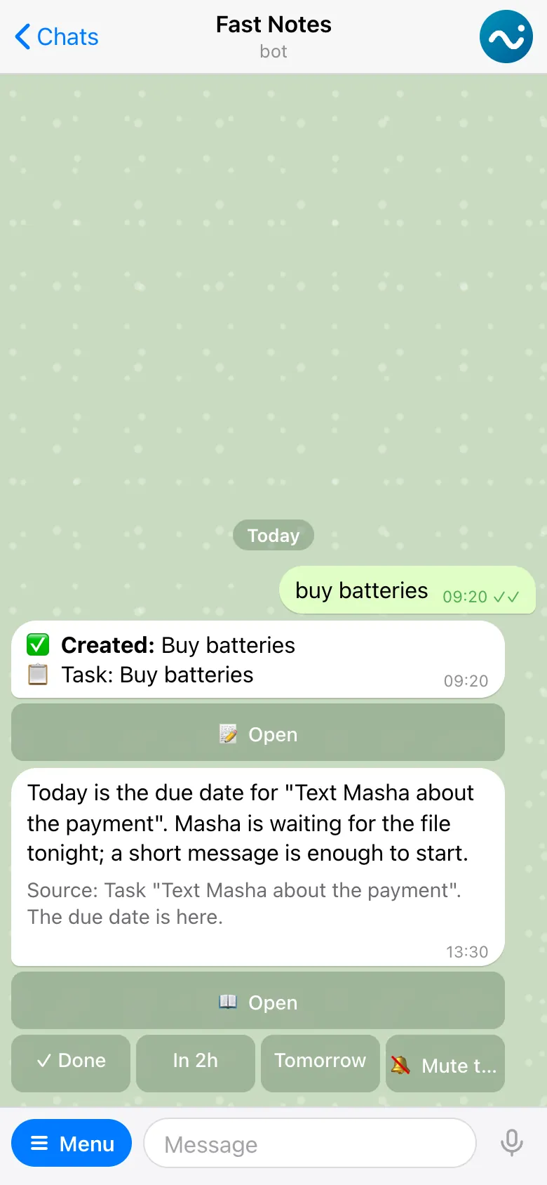 A reminder in Telegram, with the reason