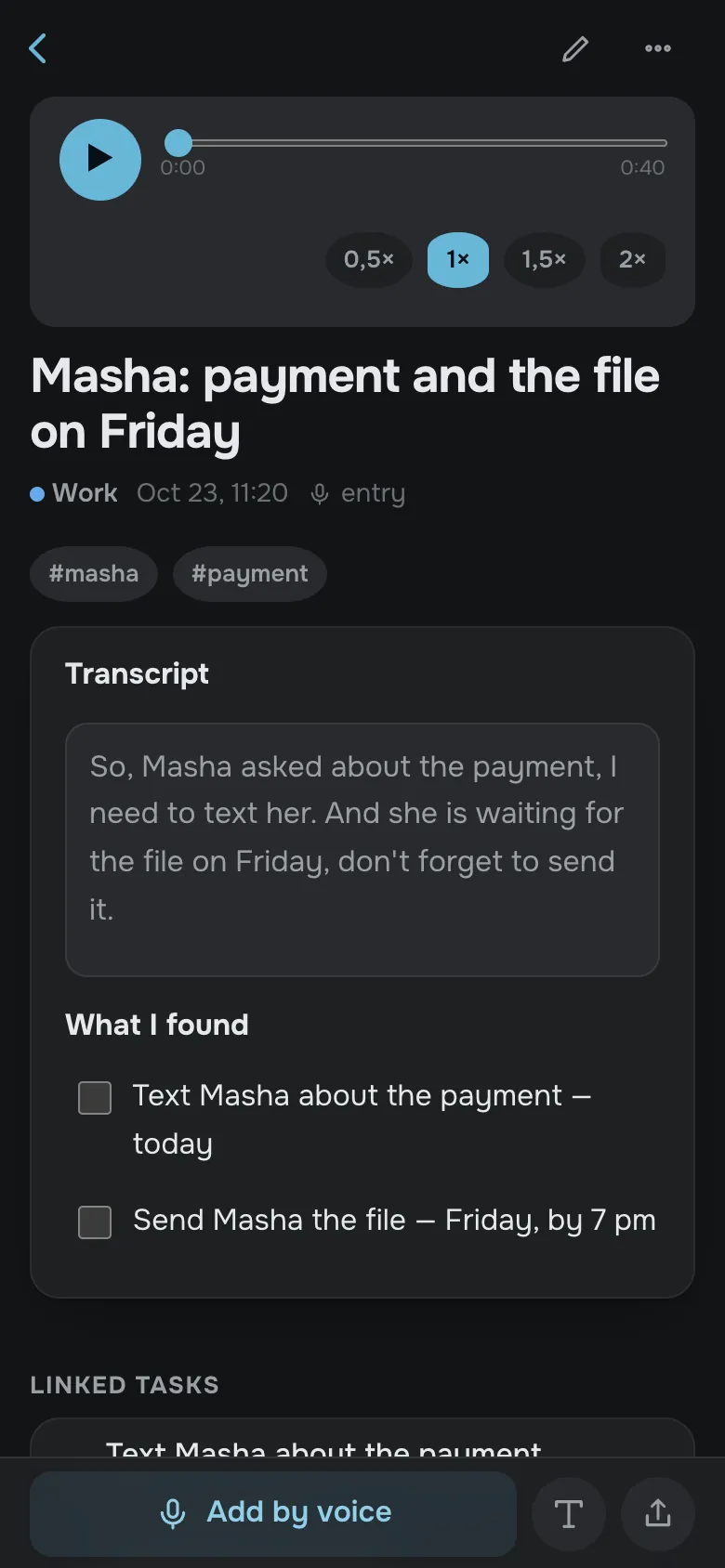 Voice note: transcript and tasks