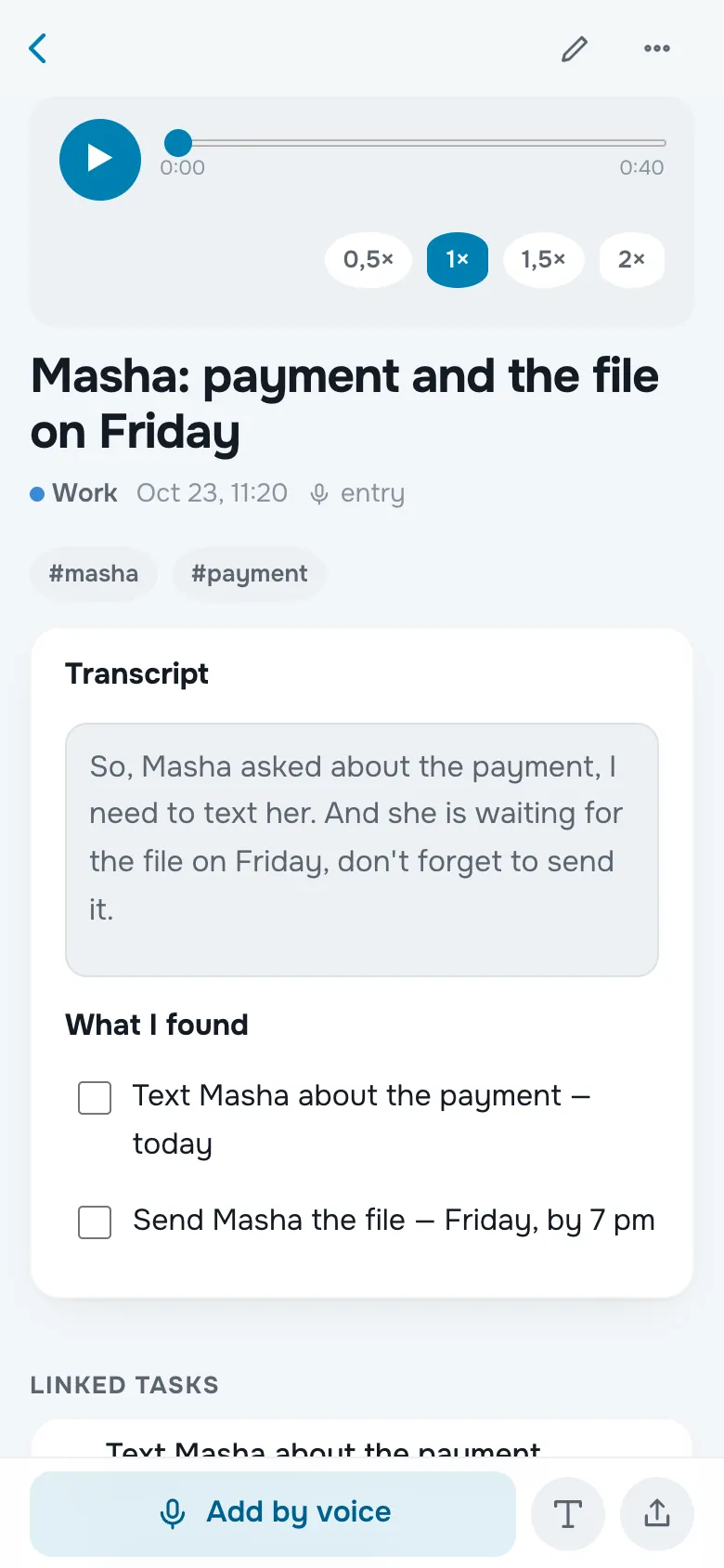 Voice note: transcript and tasks